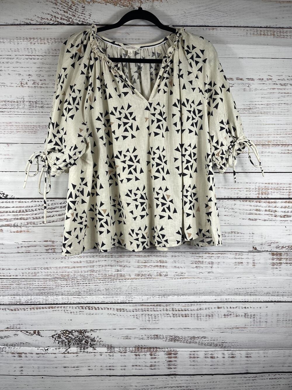 Per Una Blouse Women's SZ 10 White Geometric Linen Ruffle Boho Tunic 3/4 Sleeve